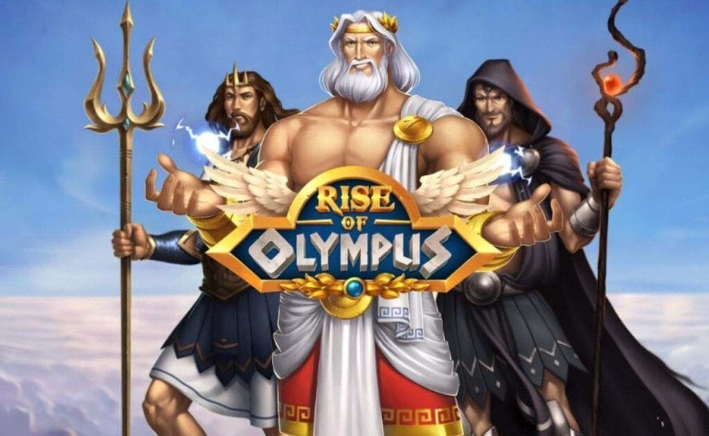 The title screen for the Rise of Olympus slot game featuring Zues, Poseidon, and Hades standing on top of clouds with a clear blue sky behind them.