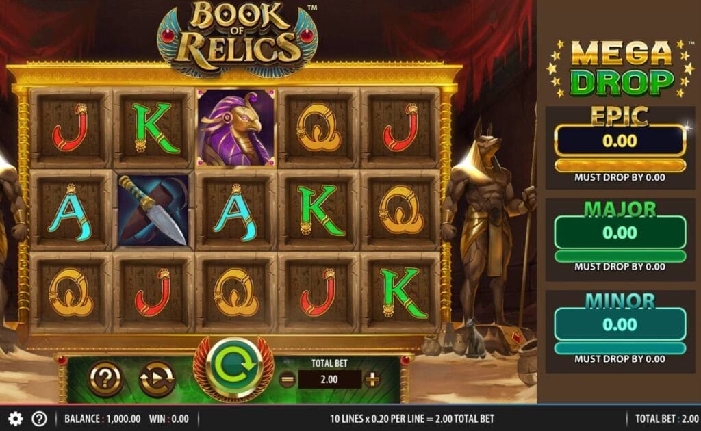 A screenshot of the Book of Relics Mega Drop. Two Anubis warriors stand guard over the reels in this Egyptian-themed slot. The reels are filled with a variety of standard slot symbols, like an A, K, Q, and J, as well as a high-value Horus statue and Egyptian blade. The epic, major, and minor Mega Drop prizes are listed on the right.