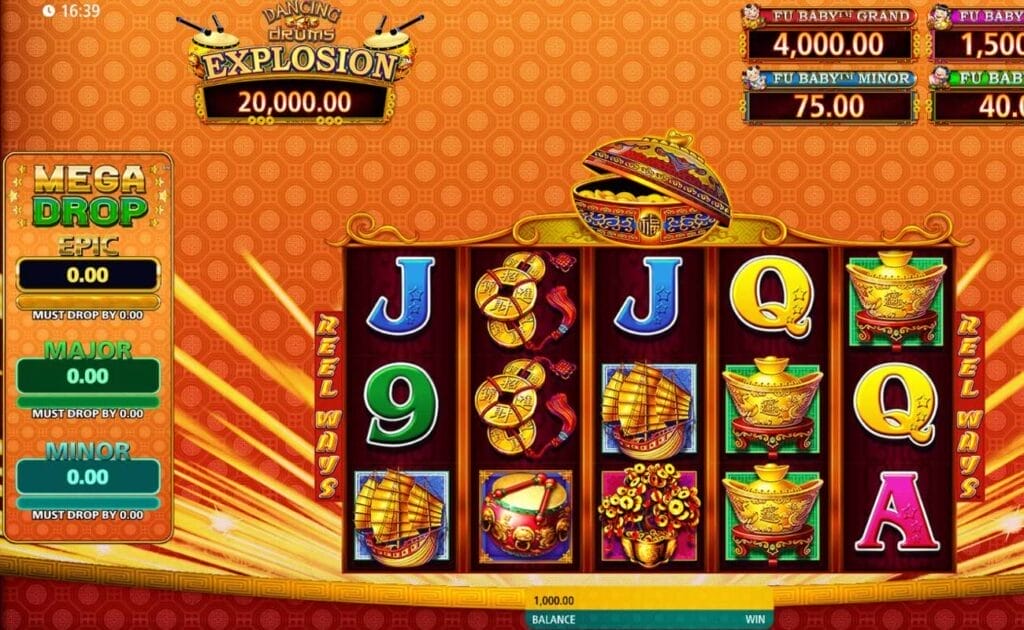 A screenshot of Dancing Drums Explosion Mega Drop against red and gold cloth. The reels are filled with symbols of valuable golden objects, like a ship, drop, and bonsai coin tree. There are also standard symbols such as the A, Q, J, and 9. The epic, major, and minor Mega Drop prizes are listed on the left.