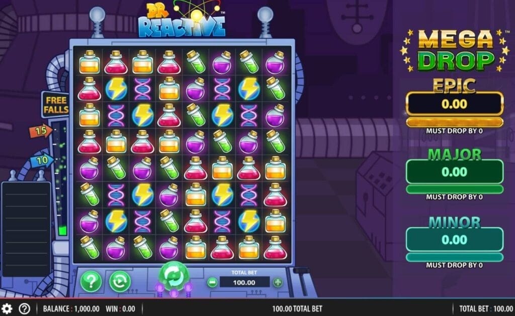 A screenshot of the Dr Reactive Mega Drop slot against the background of a cartoon lab. The grid is a machine filled with slot symbols. These symbols include various flasks and vials all filled with colorful substances, as well as lightning bolt and DNA sequence symbols. The epic, major, and minor Mega Drop prizes are listed on the right.