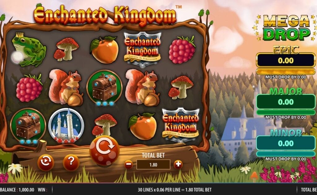 A screenshot of Enchanted Kingdom Mega Drop. The game is set in a magical forest with reels that are filled with cherries, mushrooms, apples, squirrels, frogs with crystal balls, and more. The epic, major, and minor Mega Drop prizes are listed on the right.