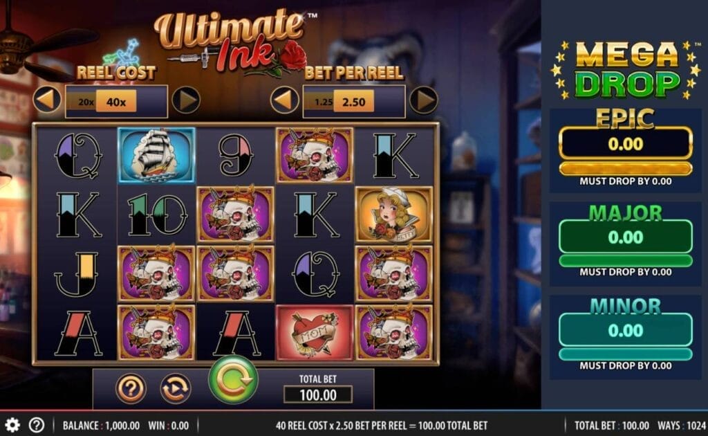 A screenshot of Ultimate Ink Mega Drop. This slot is set inside a tattoo parlor with reels that feature unique symbols, like pinups with sailor hats, skulls with roses in their mouths, and other standard slot symbols, like the A, K, Q, and J. The Epic, major, and minor Mega Drop prizes are listed on the right.