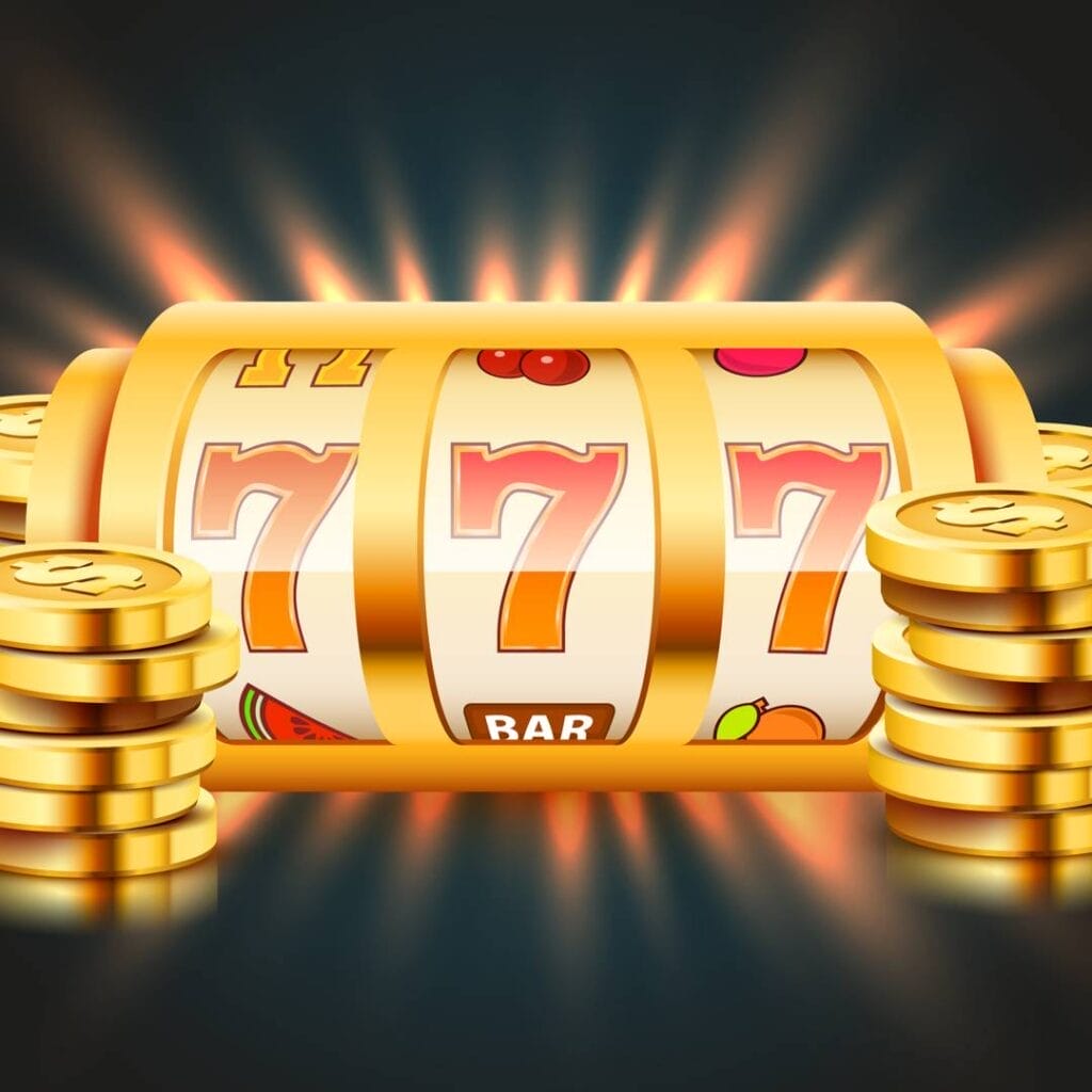 A golden slot reel with three red 7s surrounded by stacks of gold coins.