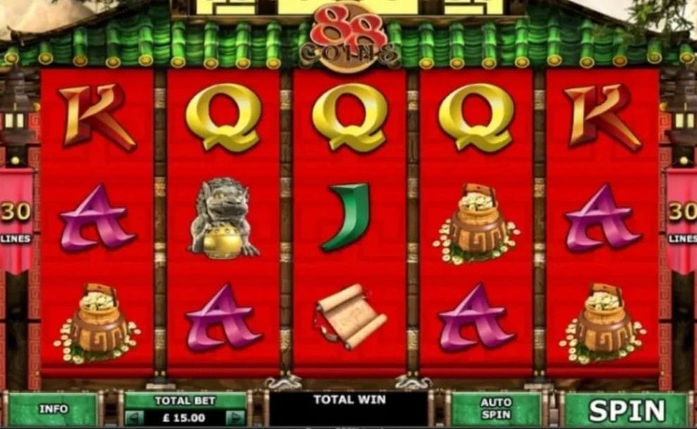 A screenshot of the reels in 88 Coins. The game is set against a traditional Asian building with a bamboo roof. The reels are bright red and contain various high-value symbols including pots of gold, scrolls, statues, and standard symbols such as A, K, Q, and J.