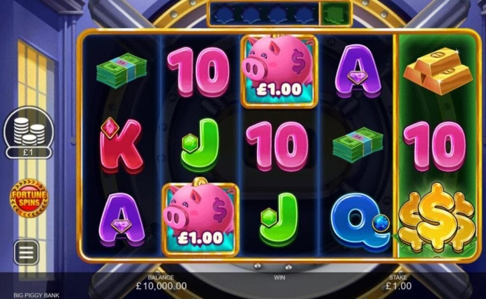 A screenshot of Big Piggy Bank. The game is set inside a bank in front of a giant vault. The reels contain a variety of cartoon-style symbols, including piggy banks, gold bars, stacks of cash, and dollar symbols.
