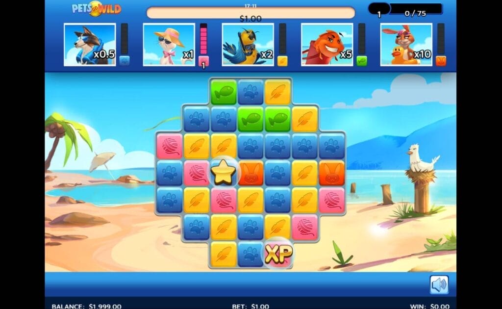 A screenshot of Pets Go Wild. The background is a picturesque beach with blue skies and oceans. The game has a variable reel with block symbols with feathers, paws, yarn, and rabbit faces. Above the reels are each of the pets wearing various holiday items including sunglasses, hats, and scuba gear. 
