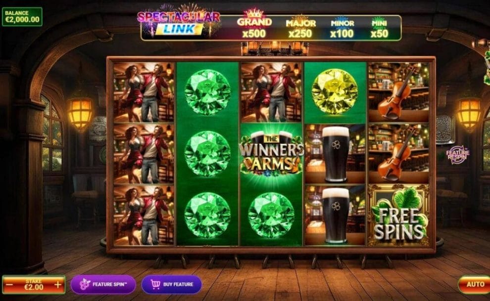  A screenshot of The Winners Arms. The game is set inside an Irish pub with the reels in front of a bar. The reels include symbols like barmaids with pub guests, violins, Guineas, and gems.