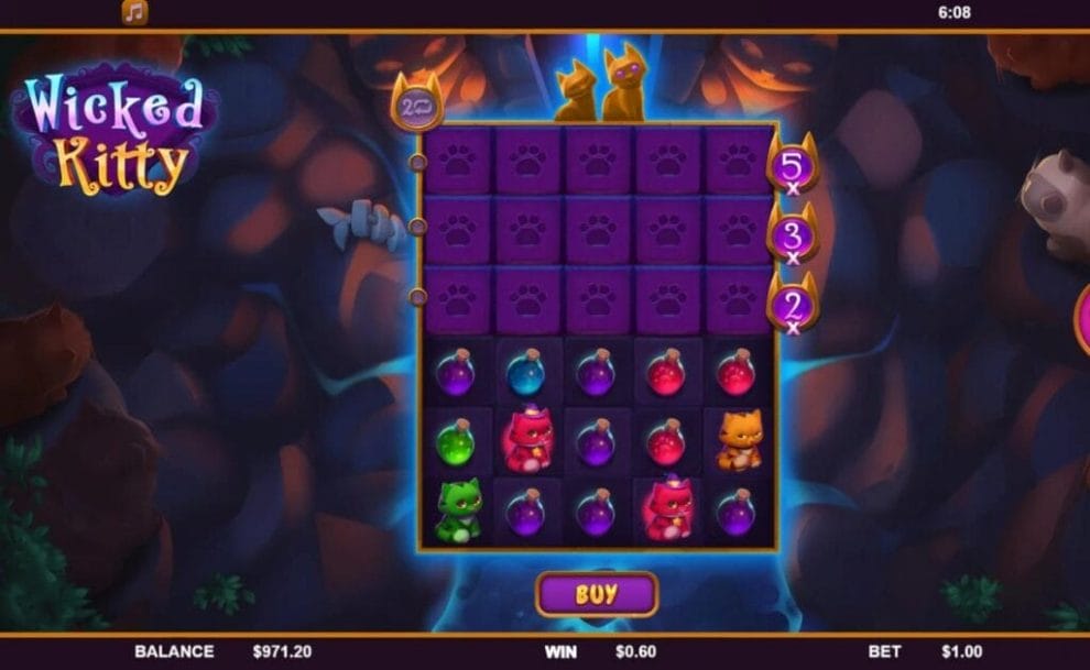 A screenshot of the Wickey Kitty slot. The reels are set in the middle of a stream surrounded by rocks and cats looking down into the water below. The reels are filled with cats, magic flasks, and cat paw symbols.