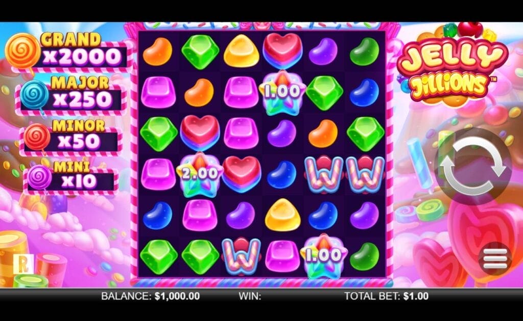 A screenshot of the Jelly Jillions reels. On the left are the four jackpot prizes: the grand, major, minor, and mini. In the center are the reels filled with jelly and other sweet symbols. On the right are the game title and the Spin and Menu buttons.