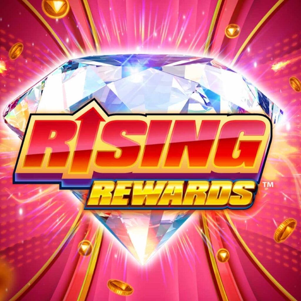 The Rising Rewards online slot logo is red and gold against a big shiny diamond. The background is pink with gold coins.