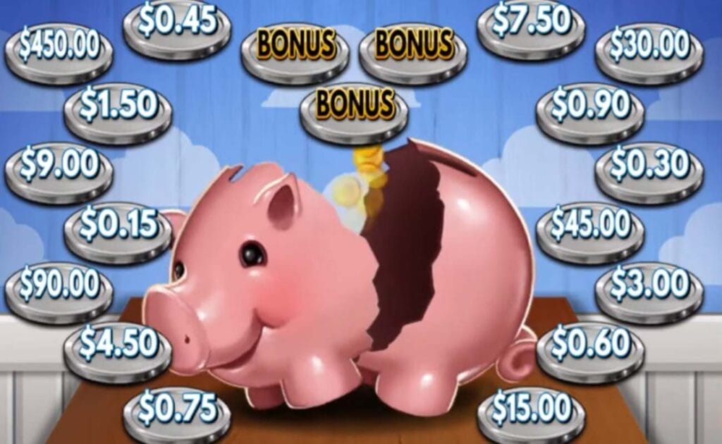 Piggy Payouts Bank Buster online slot with a broken piggy bank and gold coins flying out of it. It is surrounded by silver coins with money values on them and a blue sky and white clouds in the background.