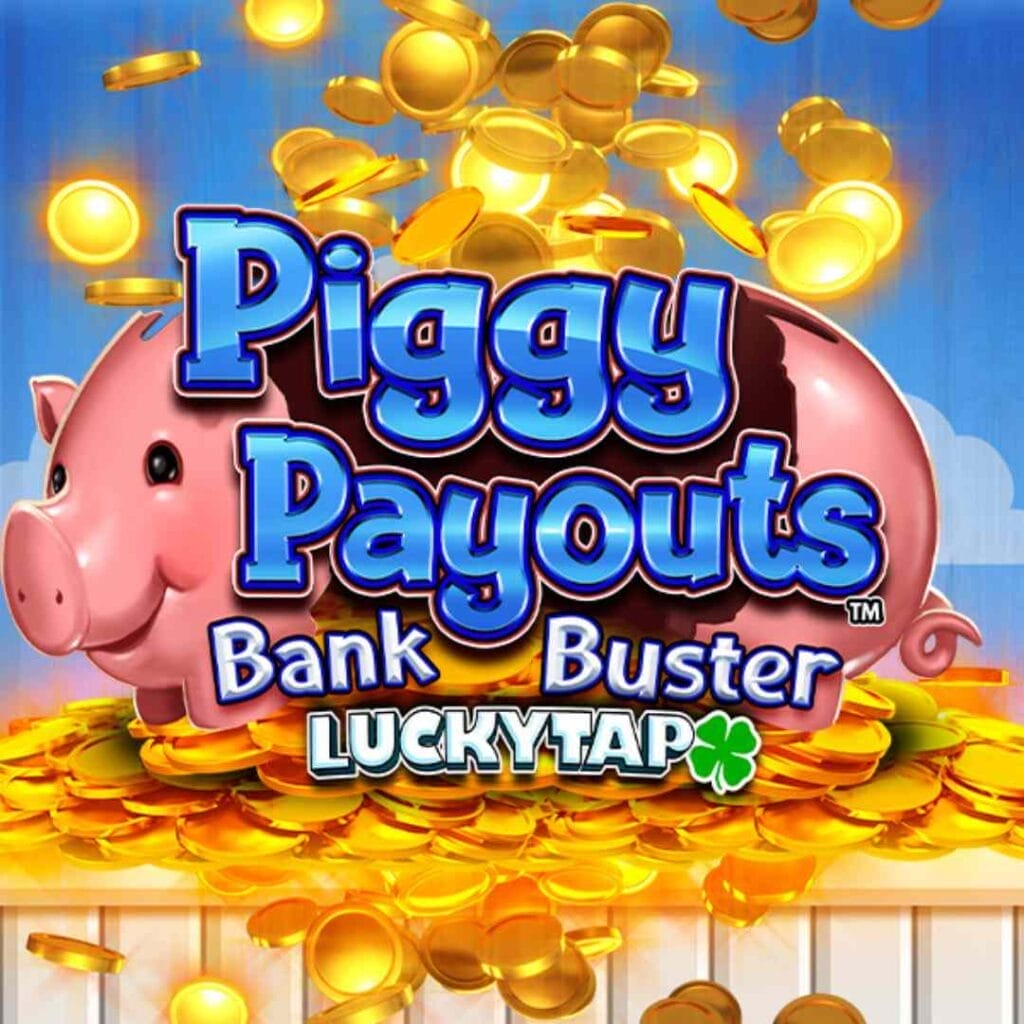 The Piggy Payouts Bank Buster online slot loading screen, with a pink piggy bank and gold coins, set against a blue sky and white clouds.