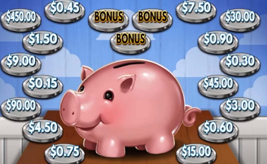 Piggy Payouts Bank Buster, featuring a pink piggy bank on a wooden surface surrounded by silver coins with money values on them and a blue sky with white clouds in the background.