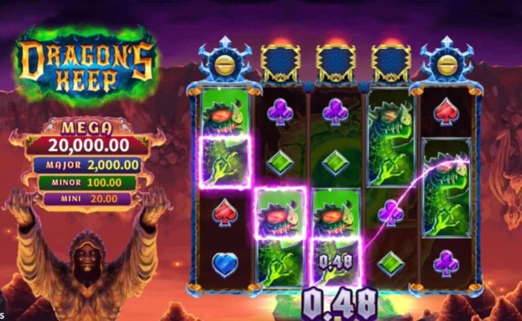 Screenshot of the Dragons Keep online slot game, showing gameplay, and a 0.48 win. 