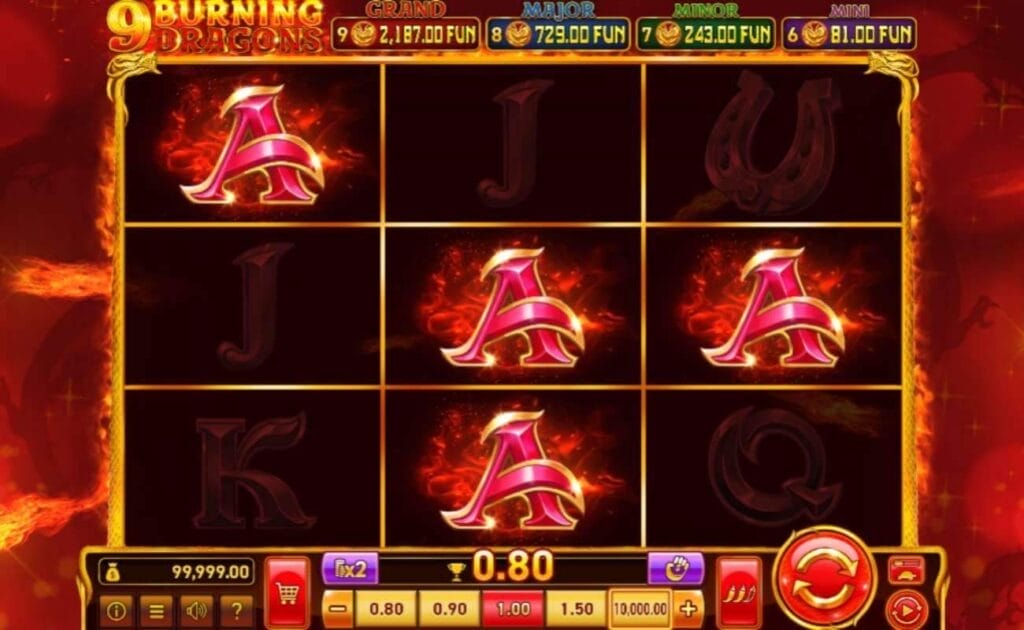 Screenshot of the 9 Burning Dragons online slot game, showing gameplay, and a 0.80 win. 