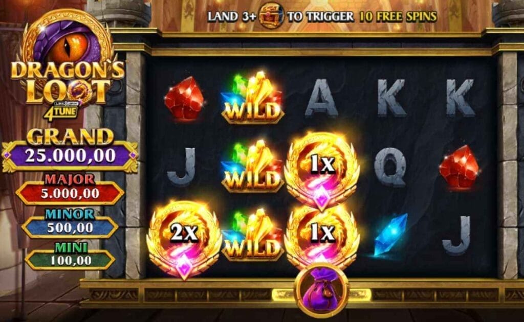 Screenshot of the Dragon’s Loot Link & Win 4Tune online slot game, showing gameplay, with wild symbols, multiplier symbols, and red and blue stone symbols.