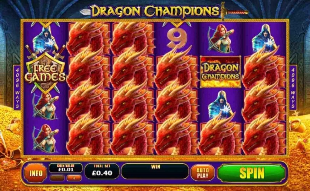 Screenshot of the Dragon Champions online slot game, showing gameplay, with dragon themed slot symbols. 