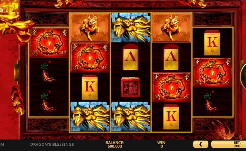 Screenshot of the Dragons Blessing Prosperity online slot game, showing gameplay, with a red background featuring a gold dragon. 