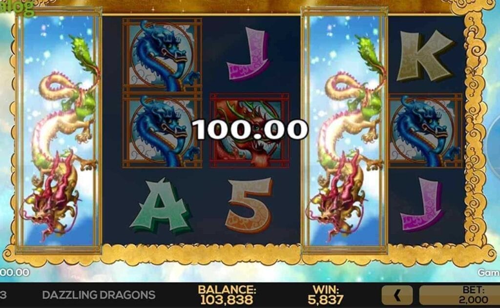 Screenshot of the Dazzling Dragons online slot game, showing a 100.00 win. 