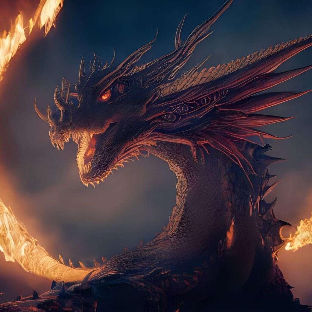 An illustration of a dragon, with a ring of fire in the background.