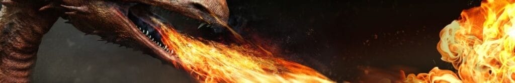 Close up of an illustration of a dragon breathing fire.