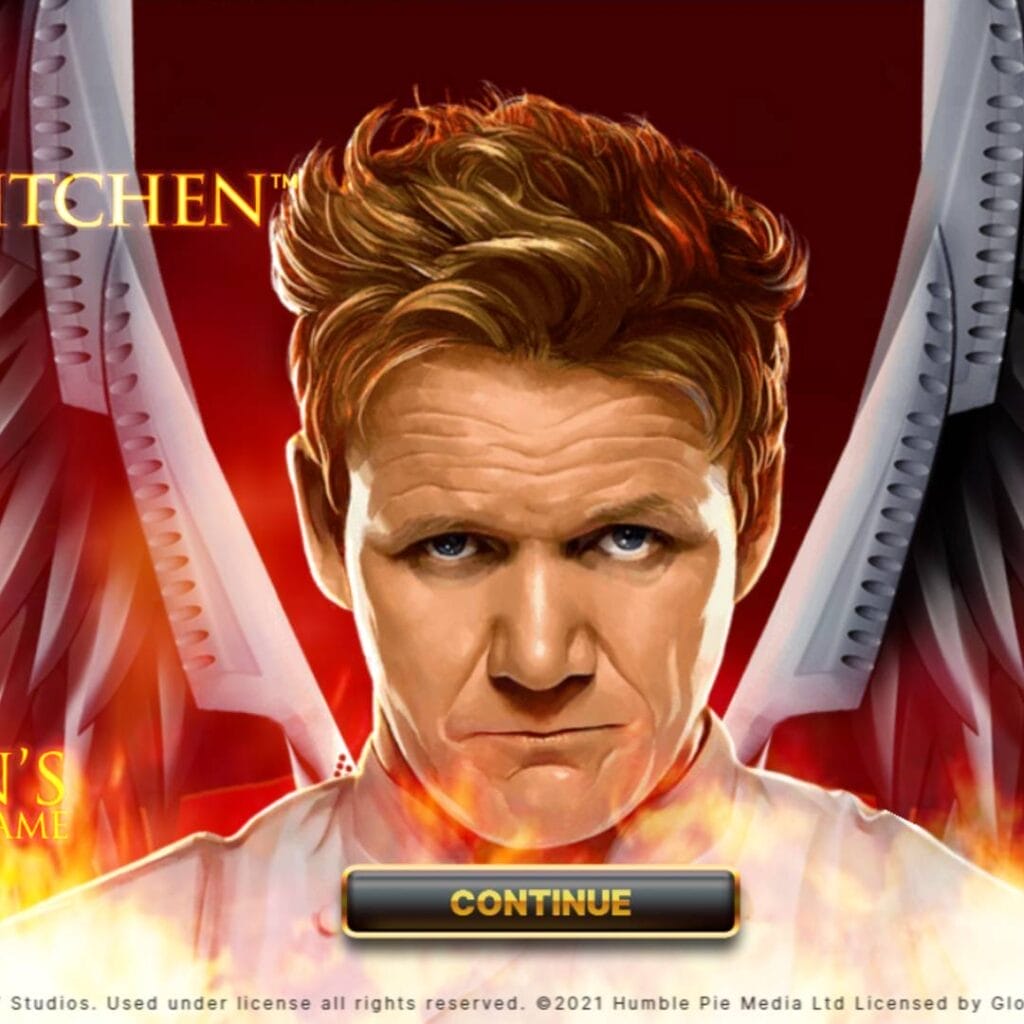 A screenshot of the title screen for Gordon Ramsay Hell’s Kitchen. The title screen features celebrity chef Gordon Ramsay surrounded by flames with metal wings behind him.