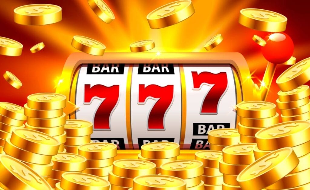 A golden slot reel against a red background surrounded by gold coins.
