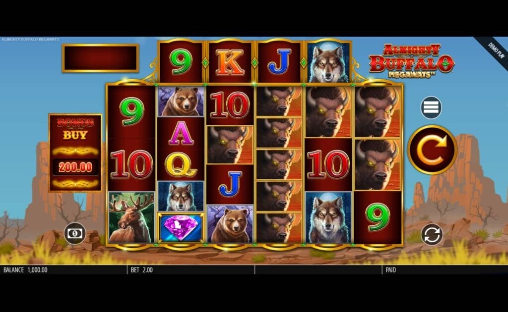 A screenshot of Almighty Buffalo Megaways. The game is set against an American desert with mountains and a clear blue sky. The game reels are filled with a variety of animals, including wolves, bears, and the almighty buffalo, as well as regular slot symbols including A, K, Q, and J symbols.
