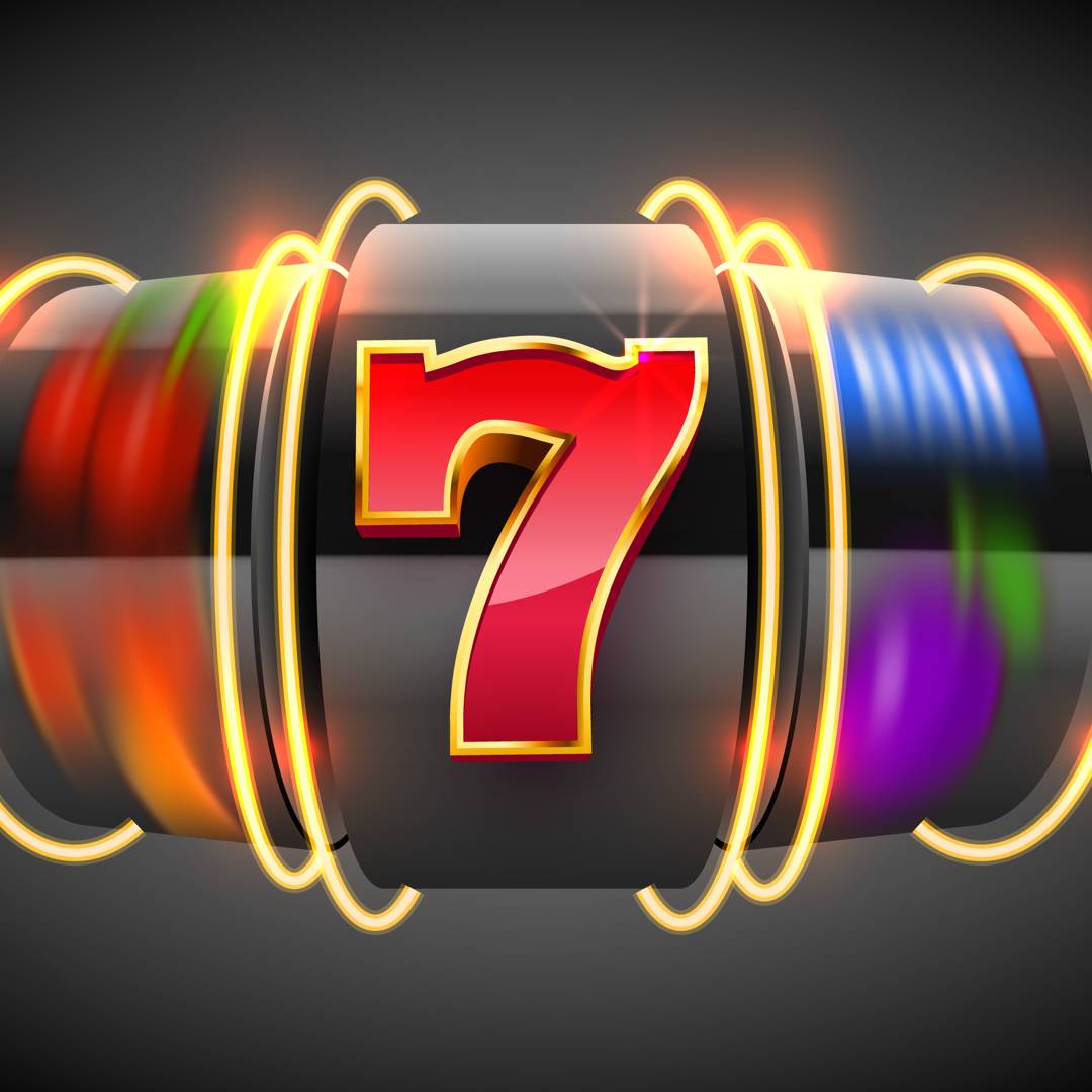 A close-up of an illustrated spinning slot reel with a red seven.