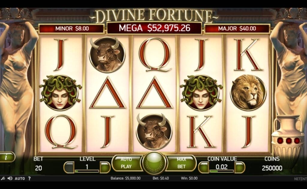 A screenshot of the Divine Fortune slot. The game is set against a classic Greek temple with female statues holding trays above their heads on either side. The reels are filled with Greek symbols, as well as iconic mythological figures like Medusa and the minotaur.