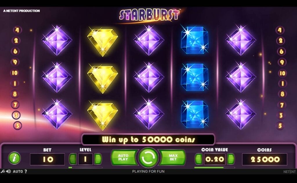 A screenshot of the Starburst slot. The game is set against the darkness of space with the light of the sun bursting around the curvature of a planet. The reels contain a variety of different colored gems of various shapes, including purple, yellow, and blue gems.