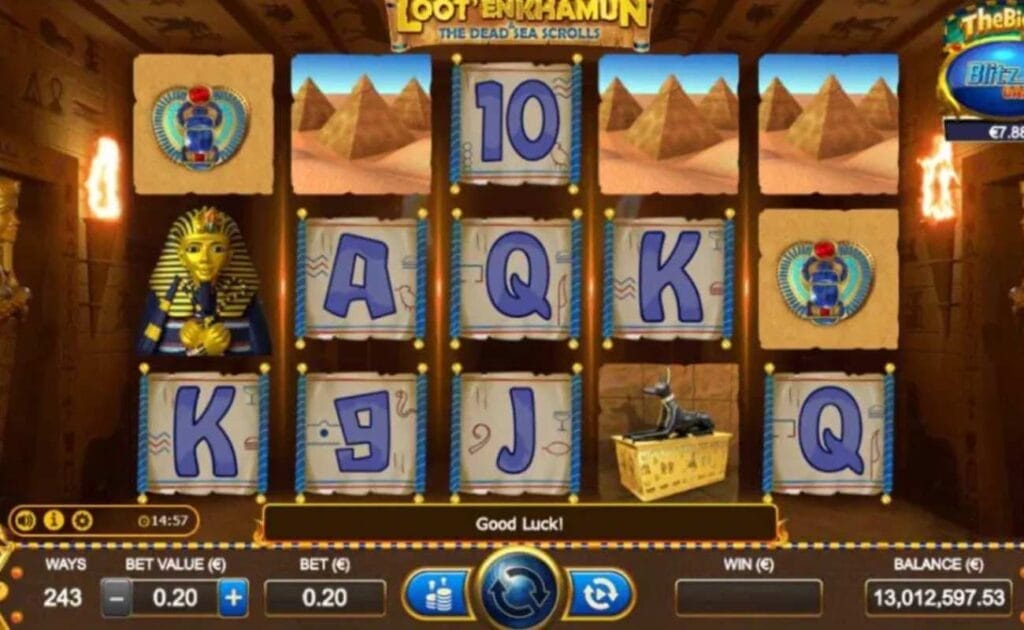 Loot’EnKhamun and the Dead Sea Scrolls online slot game with pyramids, the Sphinx and playing cards on the reels.
