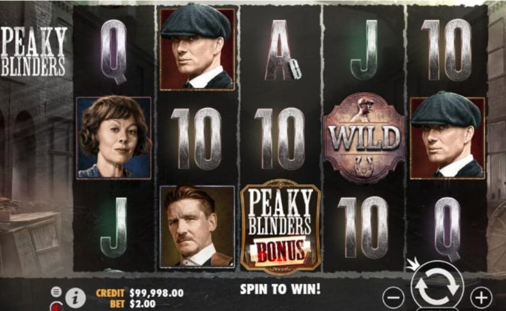 Peaky Blinders slot game with Peaky Blinders characters and playing card symbols on the black reels.