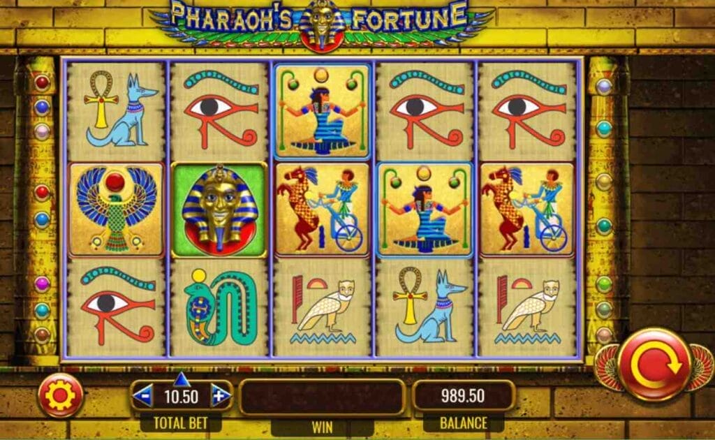 Screenshot from Pharaoh’s Fortune online slot game, showing gameplay, and Egyptian themed slot symbols. 