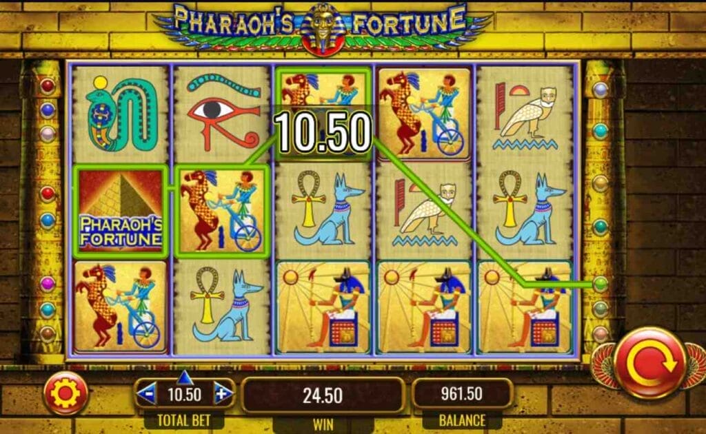 Screenshot from Pharaoh’s Fortune online slot game, showing a 24.50 win. 