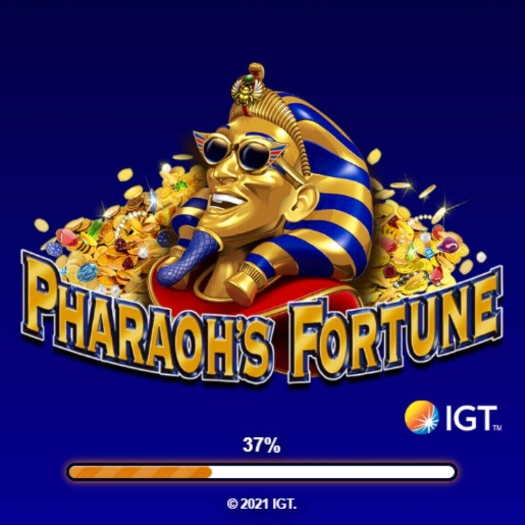 Pharaoh’s Fortune online slot game loading screen, featuring the game logo on a blue background.