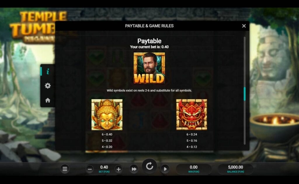 A screenshot of the paytable in Temple Tumble Megaways. The wild symbol is the game’s hero, a bearded adventurer. The two highest-value symbols are the mask of a deity and the mask of a demon. 