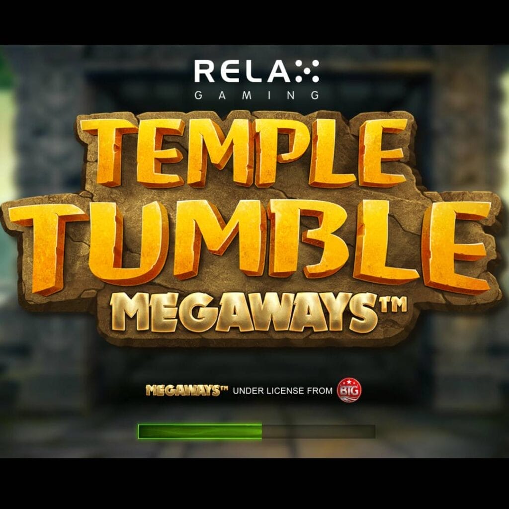 A screenshot of part of the Temple Tumble Megaways title screen. The game title is set against the ruins of an ancient civilization in a wild jungle.