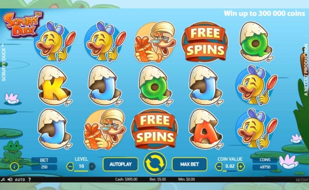 A screenshot of the gameplay of Scruffy Duck; Various low- and high-paying symbols, as well as two Free Spins symbols, appear on the 5x3 slot grid, which is on a background of a duck pond.