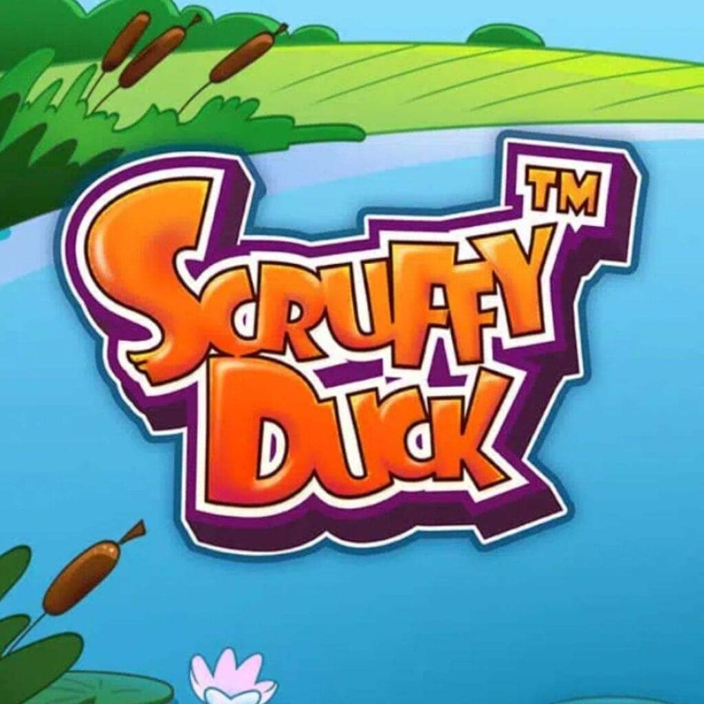 A banner for the Scruffy Duck slot game, featuring the game title in the centre of the image with a brightly colored duck pond, grass, and plants in the background.