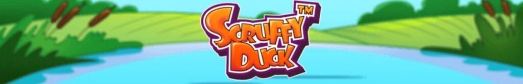 A banner for the Scruffy Duck slot game, featuring the game title in the centre of the image with a brightly colored duck pond, grass, and plants in the background.