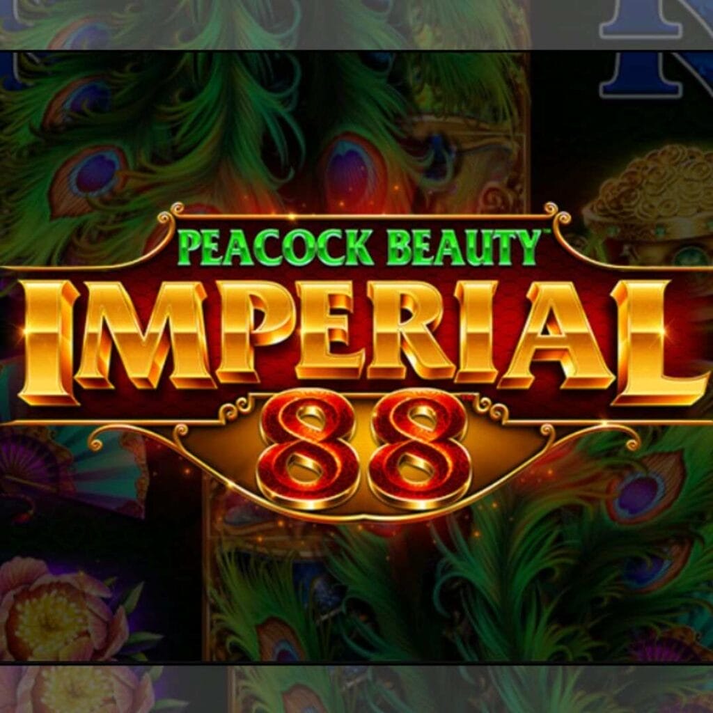 The logo for the Peacock Beauty slot game, featuring the words “Peacock Beauty Imperial 88” outlined with a dainty gold frame on a background of peacock feathers and some of the game symbols.