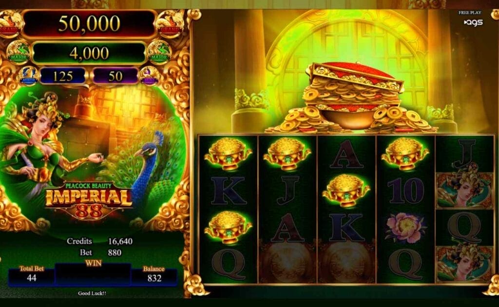 A screenshot of the gameplay of Peacock Beauty; The left side of the game screen features the game logo, a peacock, and a beautiful woman, as well as the four jackpots, while the slot reels and gold coin pot are on the right. 