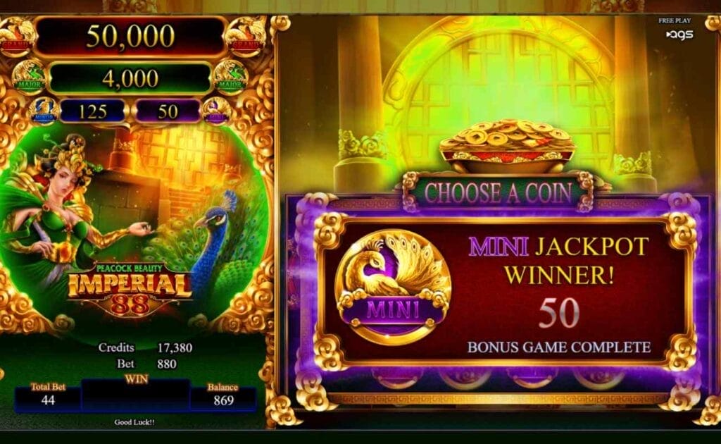 A screenshot of a Mini Jackpot win on Peacock Beauty; The jackpot win is displayed in a purple banner on top of the slot reels, while the other jackpot amounts are shown to the left, above the game logo.