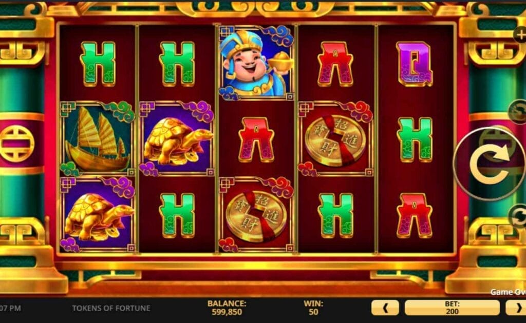 Screenshot of the Tokens of Fortune online slot game, showing gameplay, and unique slot symbols. 