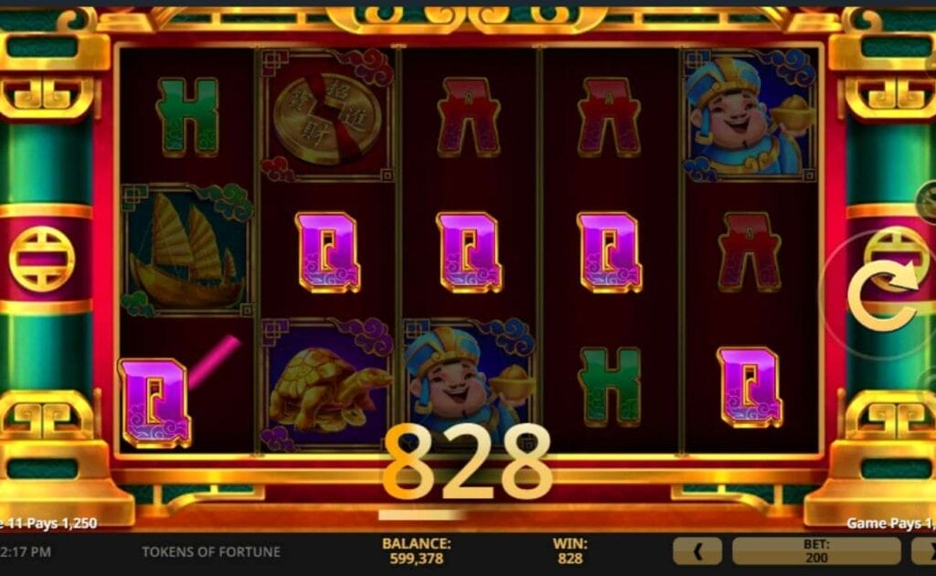 Screenshot of the Tokens of Fortune online slot game, showing a 828.00 win. 