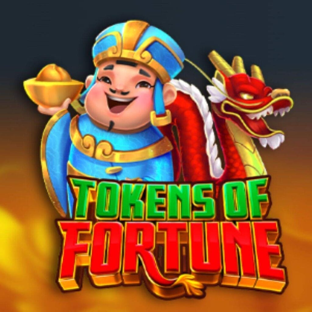 Tokens of Fortune loading screen, featuring the game logo, a man dressed in blue and gold, and a red, white, and gold dragon.