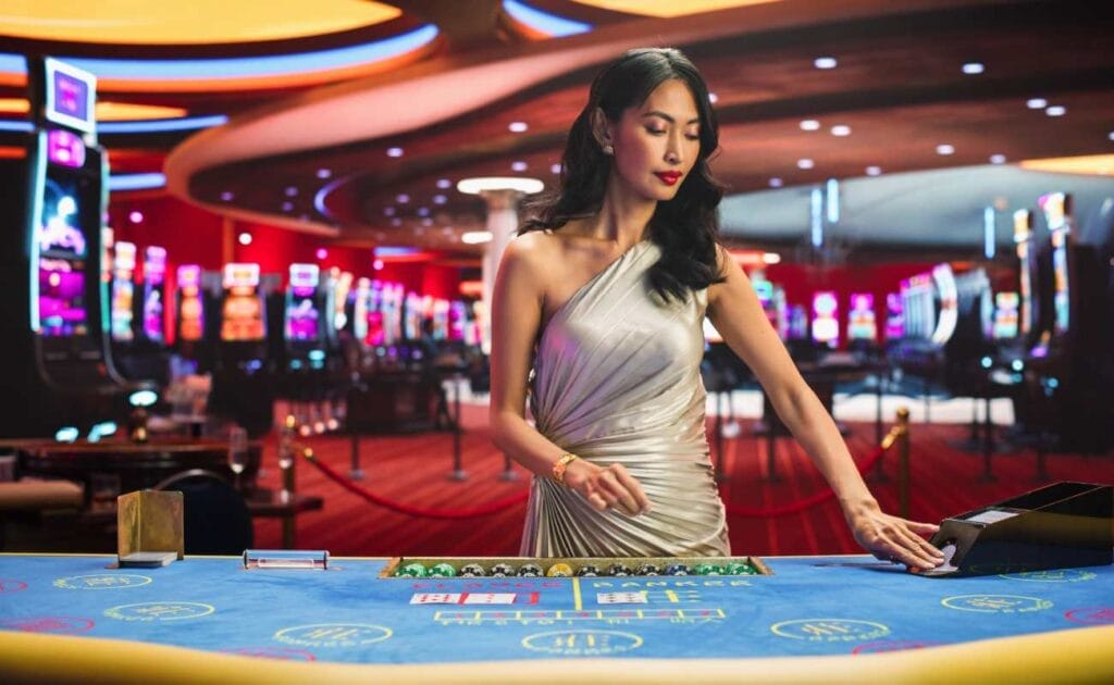 A professional baccarat dealer in a dress with her hand on the playing cards. The baccarat table is blue and there are slot machines in the background.
