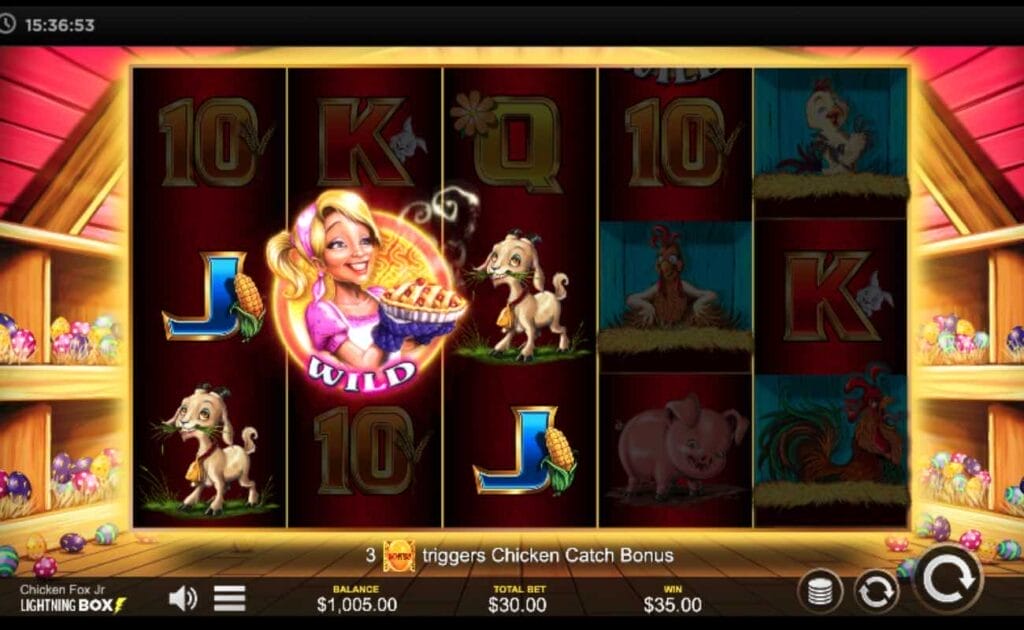 Chicken Fox Jr. online slot with a woman holding a cherry pie, a goat, and playing card J with corn. The background depicts a barn with colorful eggs.