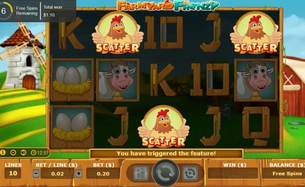 Farmyard Frenzy online slot with a chicken scatter symbol, eggs, a cow and wooden playing cards (10, J, Q, and K) on black reels. The background shows a farmyard with a barn and windmill on green grass and a blue sky.